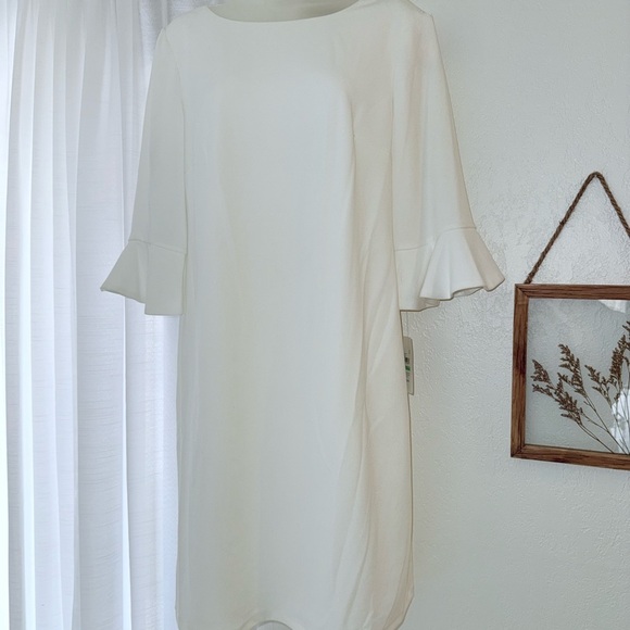 NWT Kasper White 3/4 Sleeve ruffled cuff midi sheath Dress Elegant Womens size 8 - Picture 1 of 7